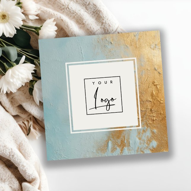 Artistic Aqua Blue Gold Oil Paint Texture Logo Square Business Card (Creator Uploaded)