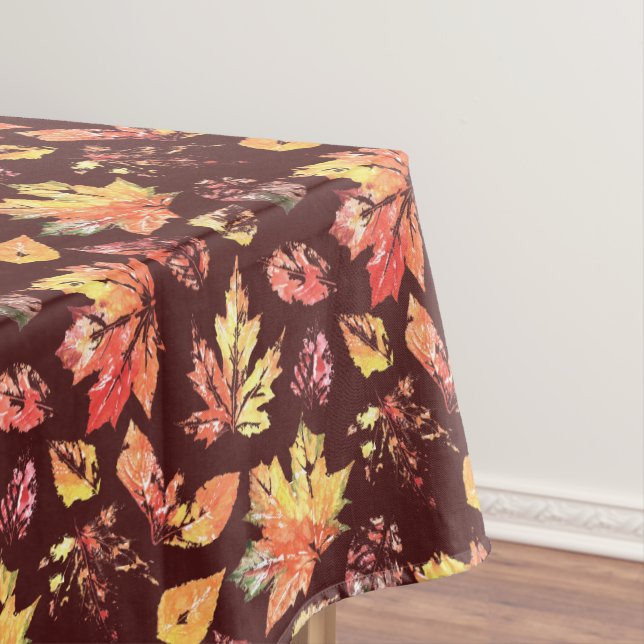 Artistic Autumn Leaves Pattern on Rich Brown Tablecloth (In Situ)
