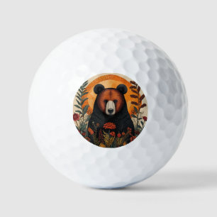 Artistic Bear Among Vibrant Botanical Flowers Golf Balls