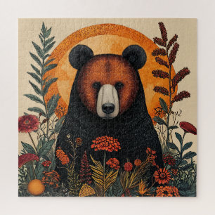 Artistic Bear Among Vibrant Botanical Flowers Jigsaw Puzzle