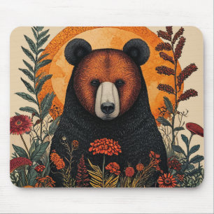 Artistic Bear Among Vibrant Botanical Flowers Mouse Pad