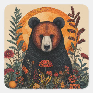 Artistic Bear Among Vibrant Flowers 🐻🌺 Square Sticker