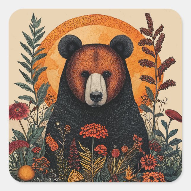 Artistic Bear Among Vibrant Flowers 🐻🌺 Square Sticker (Front)