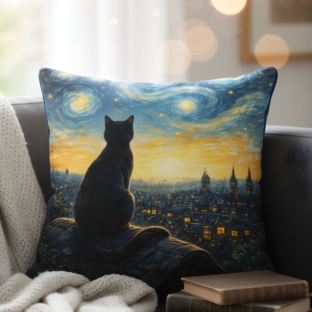 Artistic Black Cat & Celestial Town Decorative  Cushion (Creator Uploaded)