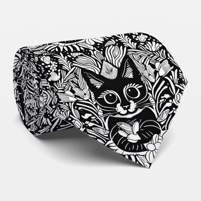 Artistic Black Cat Floral Pattern Tie (Rolled)