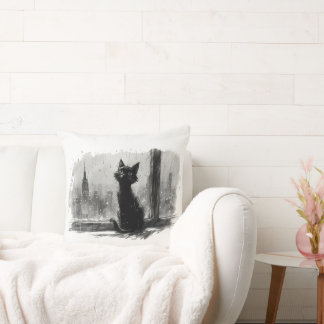 Artistic Black Cat in Rainy City Throw Pillow