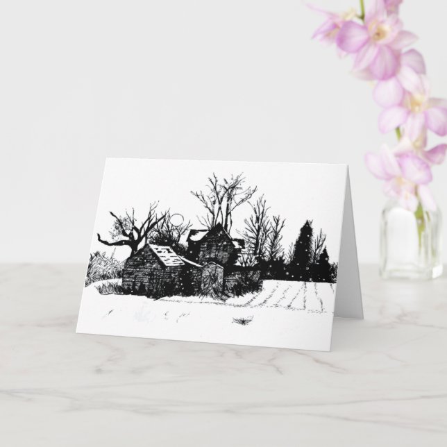 Artistic Black Ink Winter Homestead Greeting Card (Orchid)