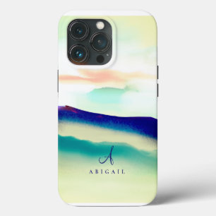 Artistic Blue Abstract Landscape Monogrammed iPhone 13 Pro Case