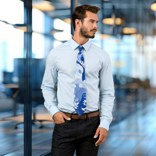 Artistic Blue and White Leaf Design Tie