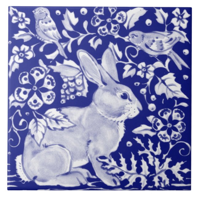 Artistic Blue Bunny Rabbit Animal Delft Dedham  Ceramic Tile (Front)