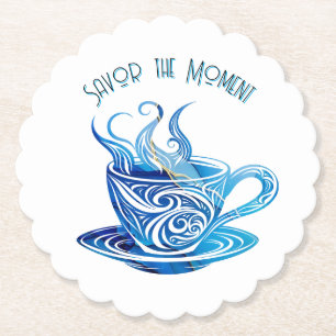 Artistic Blue Coffee Cup with Swirling Patterns Paper Coaster