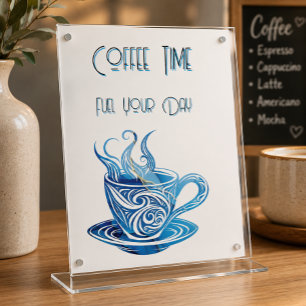 Artistic Blue Coffee Cup with Swirling Patterns Pedestal Sign