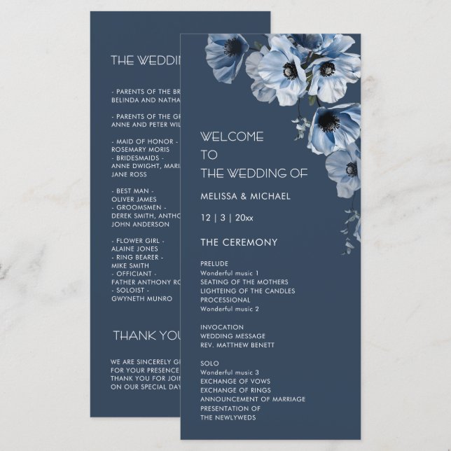 Artistic Blue Flowers Wedding Program (Front/Back)