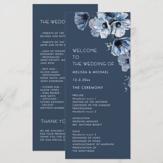 Artistic Blue Flowers Wedding Program (Front/Back)