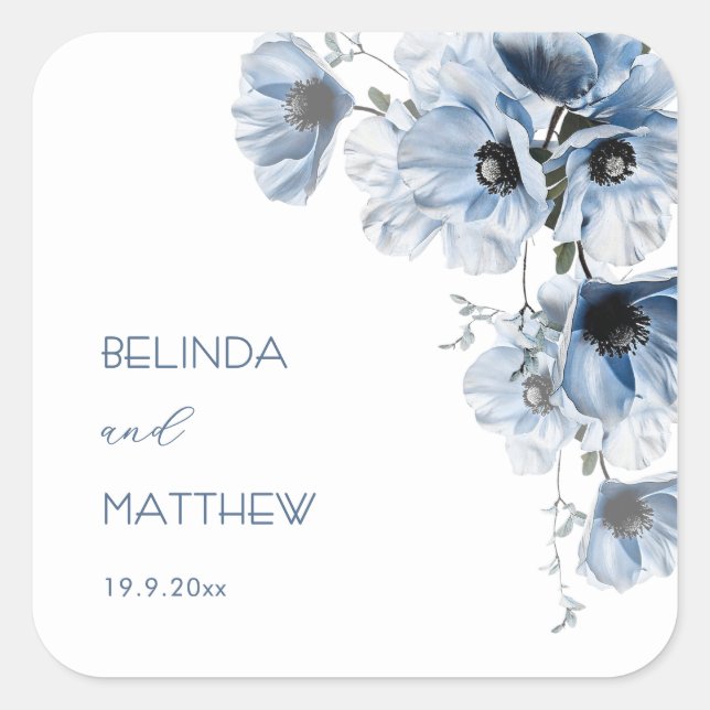 Artistic Blue Flowers | Wedding Square Sticker (Front)