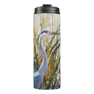 Artistic Blue Heron Watercolor In the Weeds Thermal Tumbler
