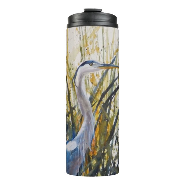 Artistic Blue Heron Watercolor In the Weeds Thermal Tumbler (Front)