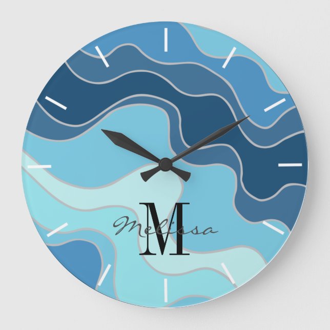 Artistic Blue Ocean Waves Beach Monogram Large Clock (Front)