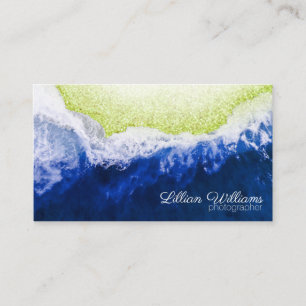 Artistic Blue Ocean Waves Green Glitter Beach Business Card