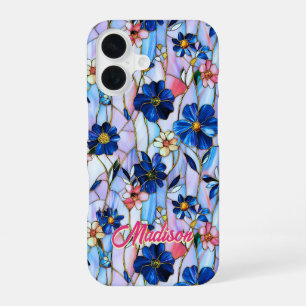Artistic Blue Stained Glass Floral Botanical iPhone 16 Case