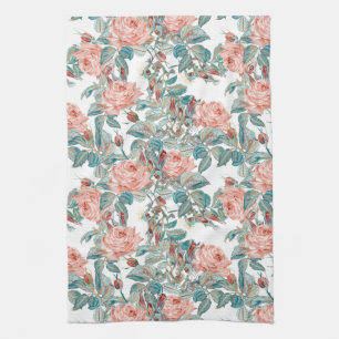 Artistic Blush Peach and Coral Roses Tea Towel