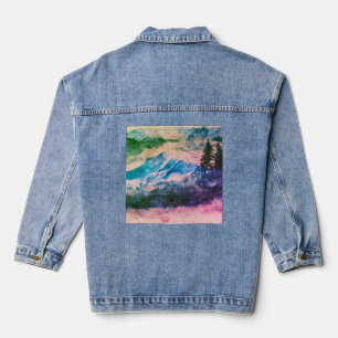 Artistic Blush Watercolor Mountains and Pine Trees Denim Jacket