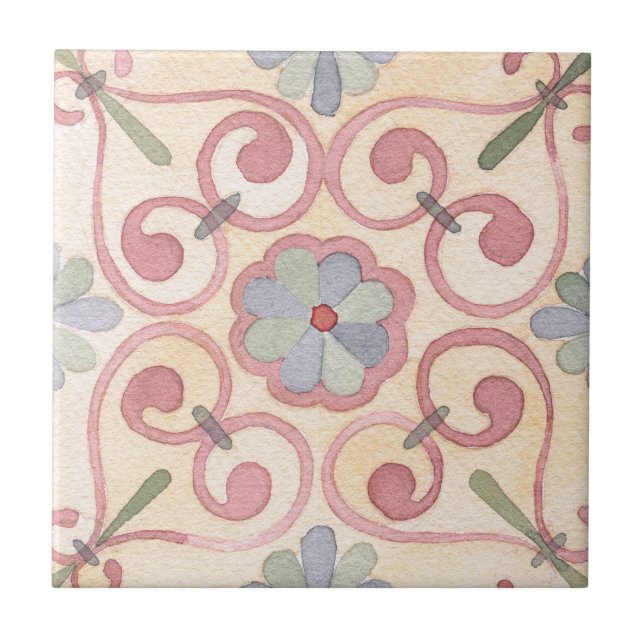 Artistic bohemian abstract of floral retro pink ceramic tile (Front)