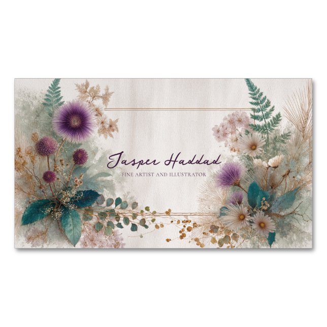 Artistic Bohemian Wildflower Folk Art Magnetic Business Card (Front)
