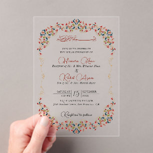 Artistic Botanical Floral Paisley Muslim Wedding Acrylic Invitations