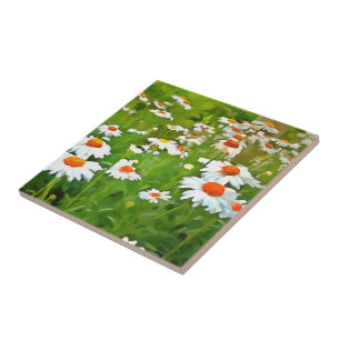 Artistic Bright and Colourful White Garden Daisies Ceramic Tile