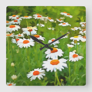 Artistic Bright and Colourful White Garden Daisies Square Wall Clock