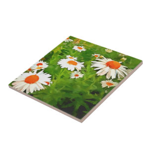Artistic Bright Colourful White Garden Daisies v4b Ceramic Tile