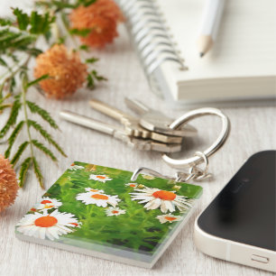 Artistic Bright Colourful White Garden Daisies v4b Key Ring