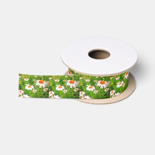 Artistic Bright Colourful White Garden Daisies v4b Satin Ribbon