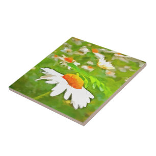 Artistic Bright Colourful White Garden Daisies v5 Ceramic Tile