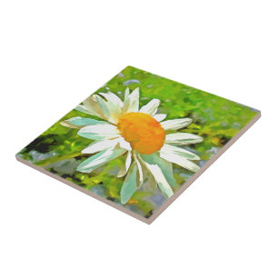 Artistic Bright Colourful White Garden Daisies v6 Ceramic Tile