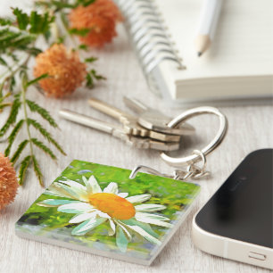 Artistic Bright Colourful White Garden Daisies v6 Key Ring