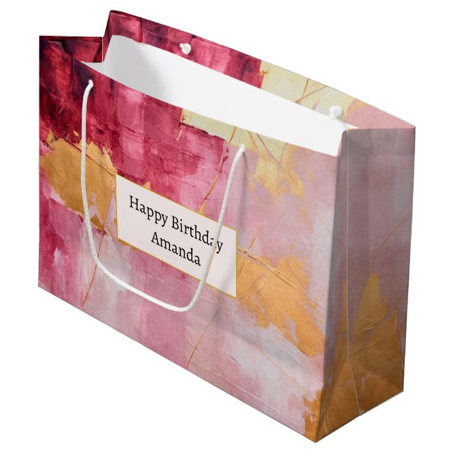 Artistic Brush Strokes Gold and Pink Birthday Large Gift Bag (Front Angled)