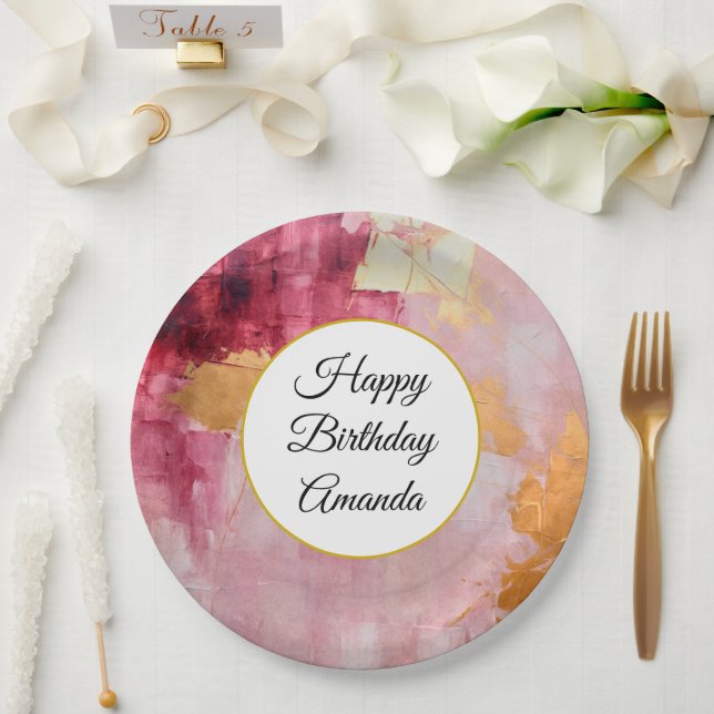 Artistic Brush Strokes Gold and Pink Birthday Paper Plate (Wedding)