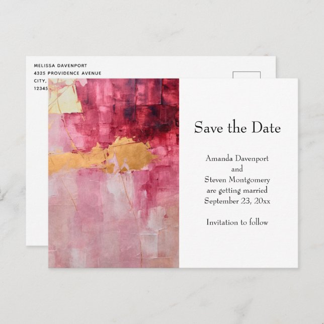 Artistic Brush Strokes Gold and Pink Wedding Announcement Postcard (Front/Back)