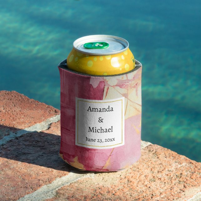 Artistic Brush Strokes Gold and Pink Wedding Can Cooler (In Situ Pool)