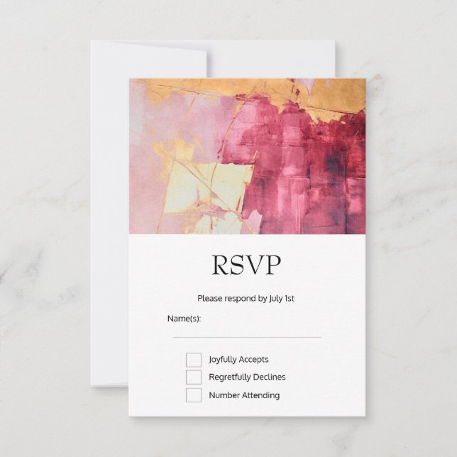 Artistic Brush Strokes Gold and Pink Wedding RSVP Card (Front)