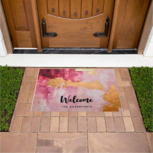 Artistic Brush Strokes Gold and Pink Welcome Doormat