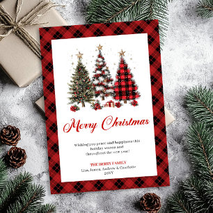 Artistic Buffalo Plaid Christmas Tree Gold Accent Holiday Card