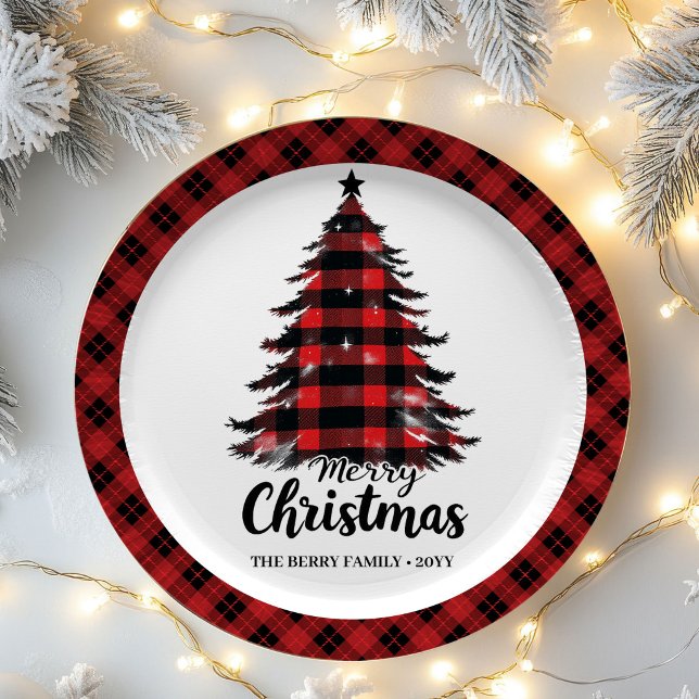 Artistic Buffalo Plaid Tree Name Christmas Paper  Plate (Artistic Buffalo Plaid Tree Name Christmas Paper Plates)