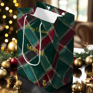 Artistic Burgundy and Green Plaid Christmas Custom Medium Gift Bag