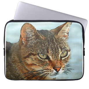 Artistic Cartoon Style Black Outline Tabby Cat Laptop Sleeve