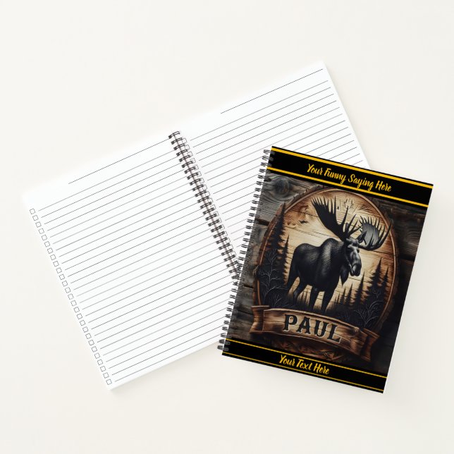 Artistic carving of a majestic moose in dark wood notebook (Inside)