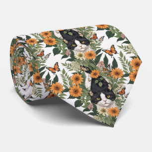 Artistic Cat, Butterflies, Flowers Floral Pattern Tie