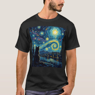Artistic Cat Under Night Sky Cute Lover for Cat Fa T-Shirt